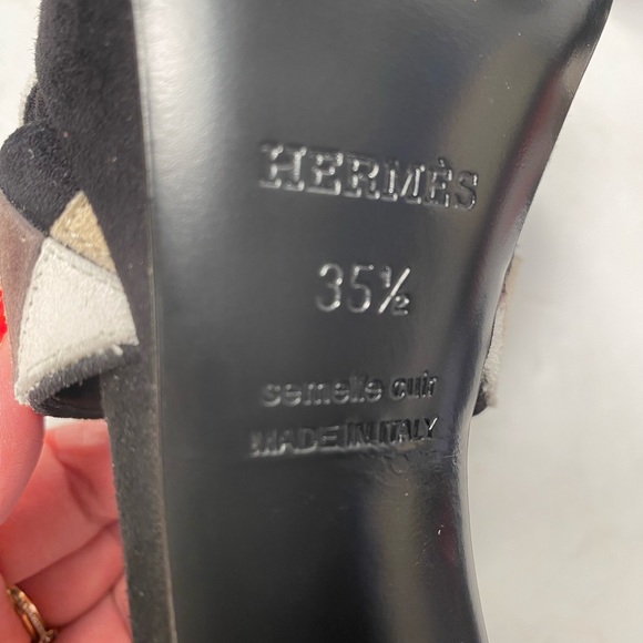 Hermes open toe suede colorblock pumps block heels black 35.5 - Picture 9 of 10